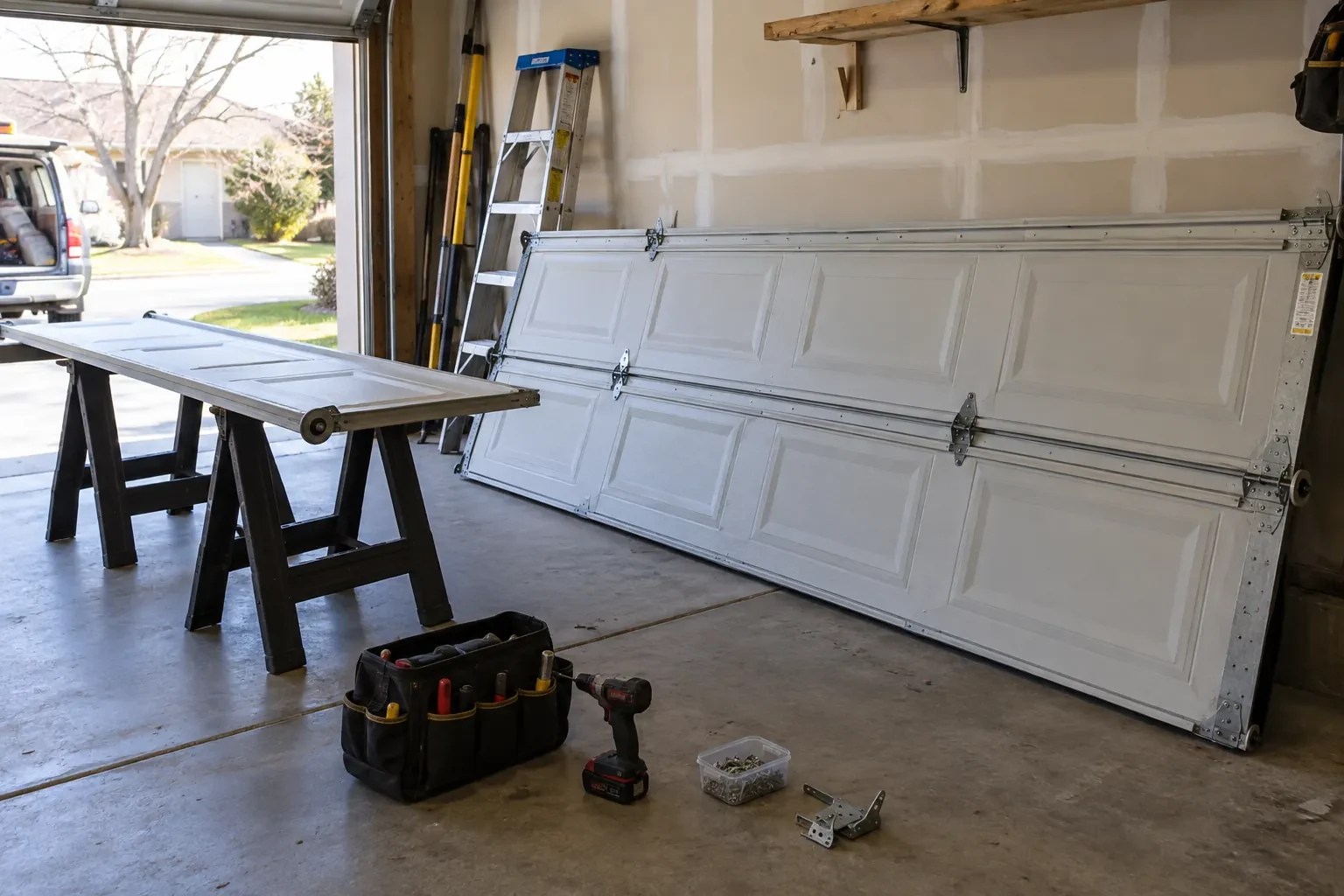Illustrative garage doors scene; not an actual job