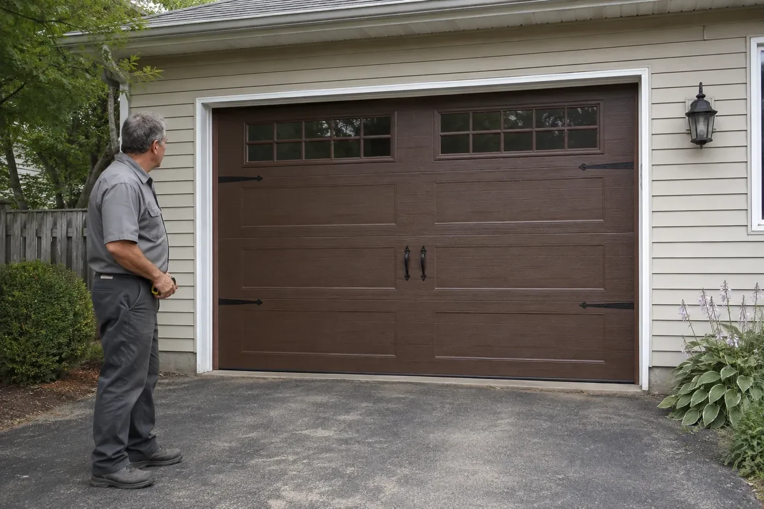 A person stands beside a closed brown garage door with upper windows and black decorative straps and handles. — Carriage-House Garage Door Installation, New Tecumseth