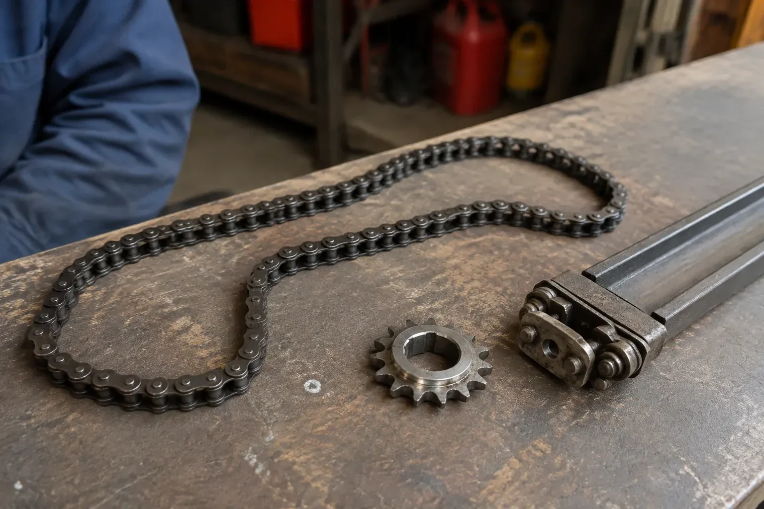 A detached metal roller chain, toothed sprocket and rail component rest on a worn garage workbench. — Chain-Drive Opener Repair, New Tecumseth