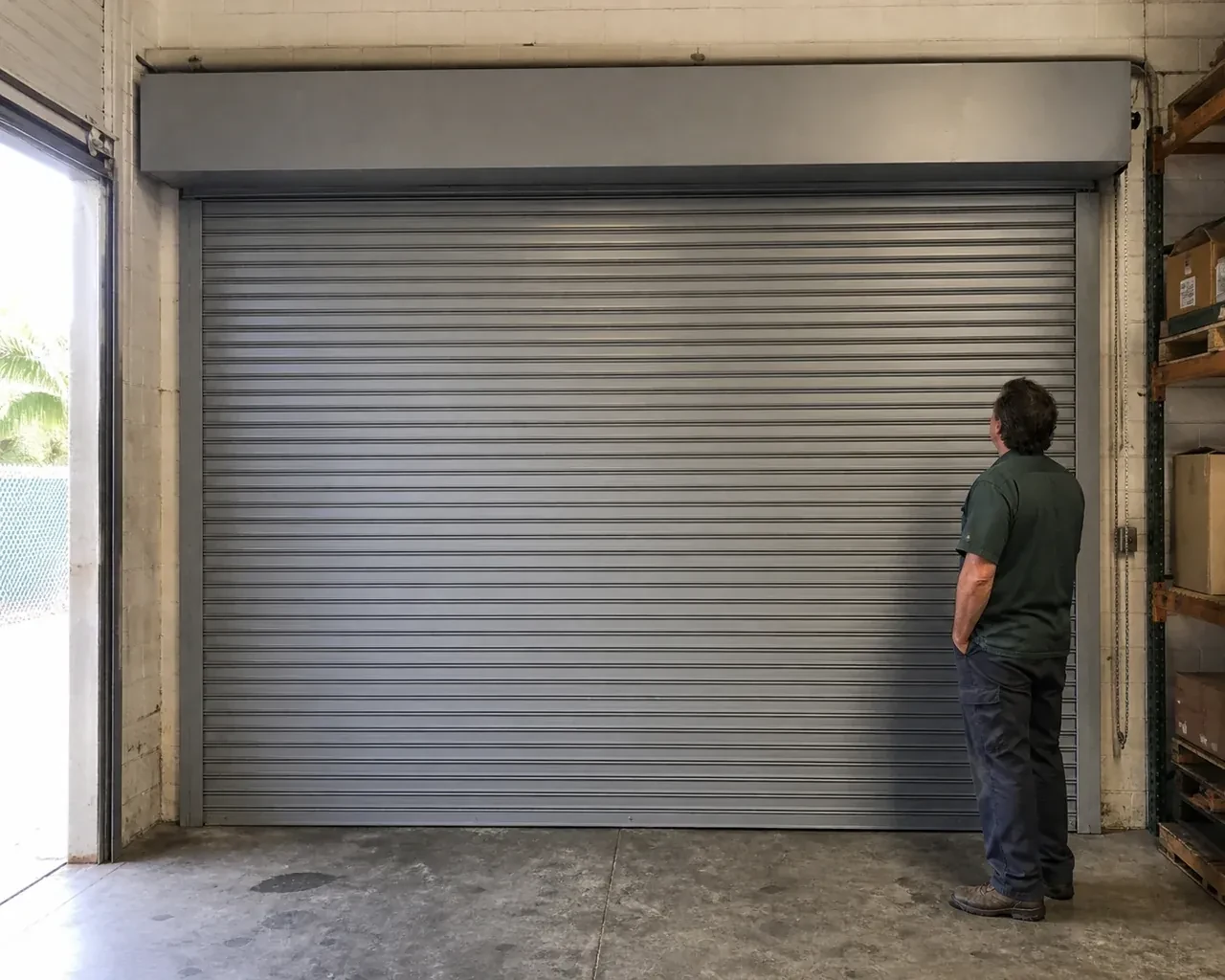 A person examines a closed metal rolling door with narrow horizontal slats, side guides and an overhead hood in a warehouse. — Commercial Rolling Door Repair, New Tecumseth