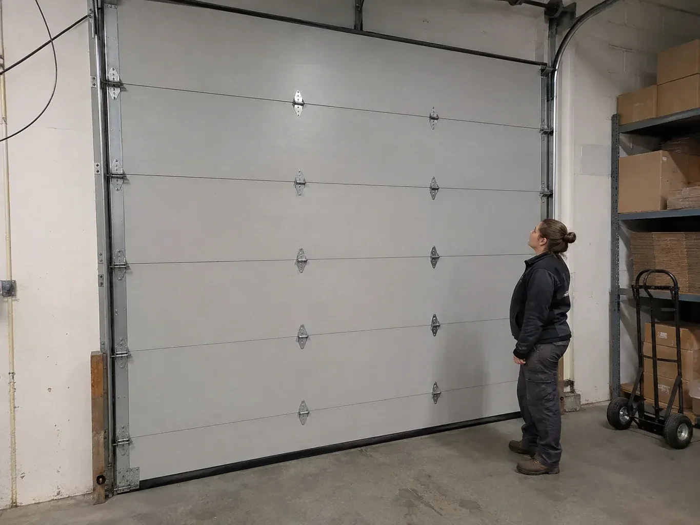 A person looks at a tall closed sectional door with broad panels, hinges and side tracks in a warehouse. — Commercial Sectional Door Repair, New Tecumseth