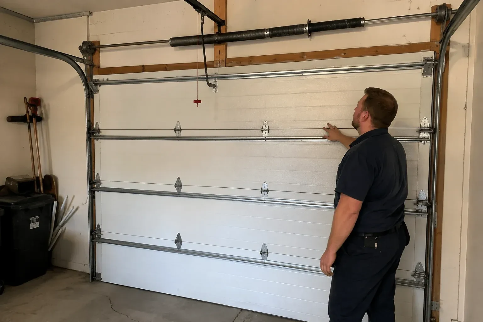 A person stands beside a closed sectional door beneath its overhead spring assembly. — Garage Door Balance Adjustment, New Tecumseth