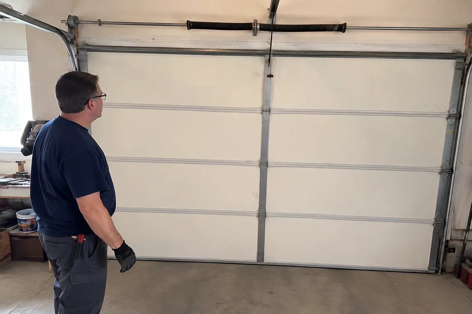 Illustrative garage doors scene; not an actual job — Off-Track Garage Door Reset, New Tecumseth