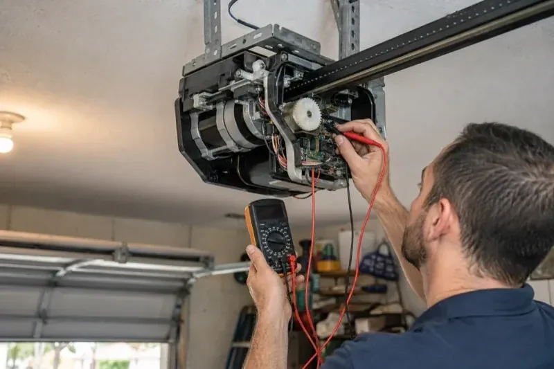 Person holding a multimeter and a red probe near the exposed circuit board of an overhead garage-door opener. — Garage Door Opener Diagnosis and Repair, New Tecumseth