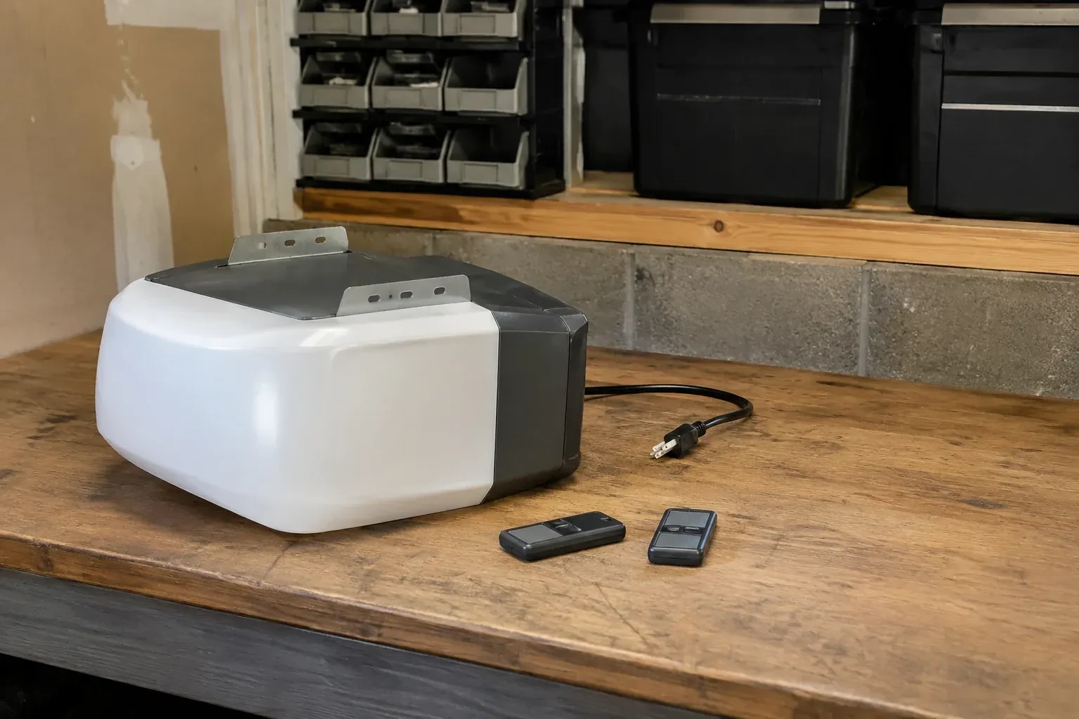 Detached opener housing and two remotes on a garage bench. — Garage Door Opener Replacement, New Tecumseth