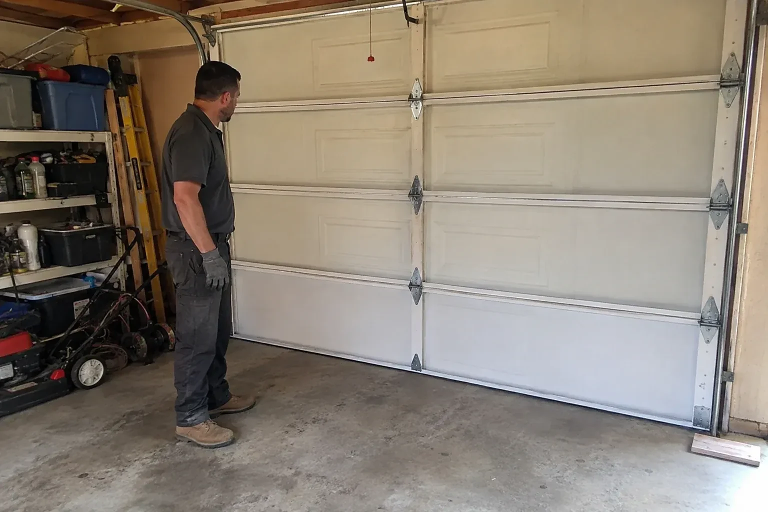 A person examines the interior panels and hinges of a closed sectional garage door. — Garage Door Panel Replacement, New Tecumseth