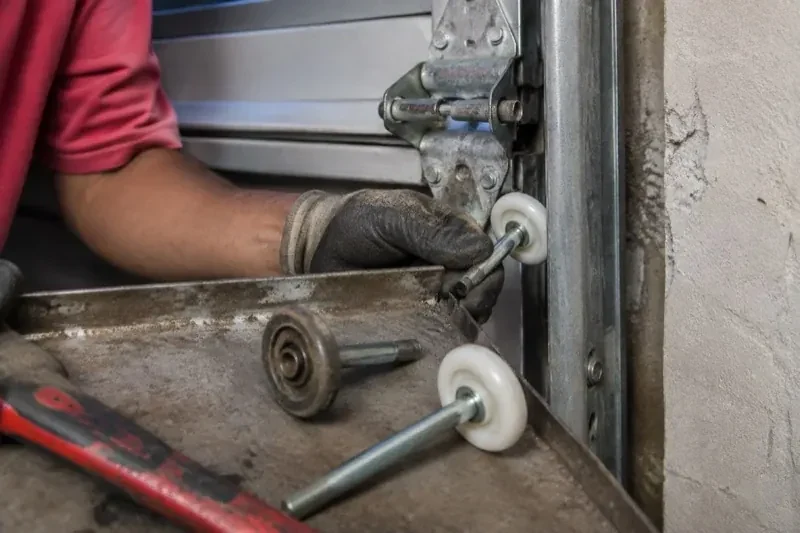 Gloved hand holding a white garage-door roller beside its track, with two loose rollers and a red tool on a tray. — Garage Door Roller Replacement, New Tecumseth