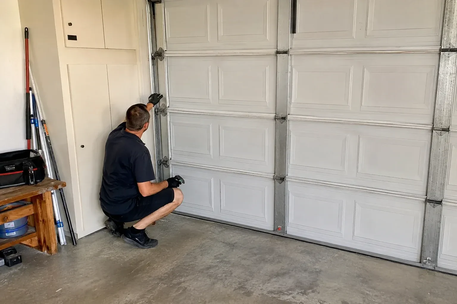 A person kneels beside the side track and hinges of a closed sectional garage door. — Garage Door Safety Inspection, New Tecumseth