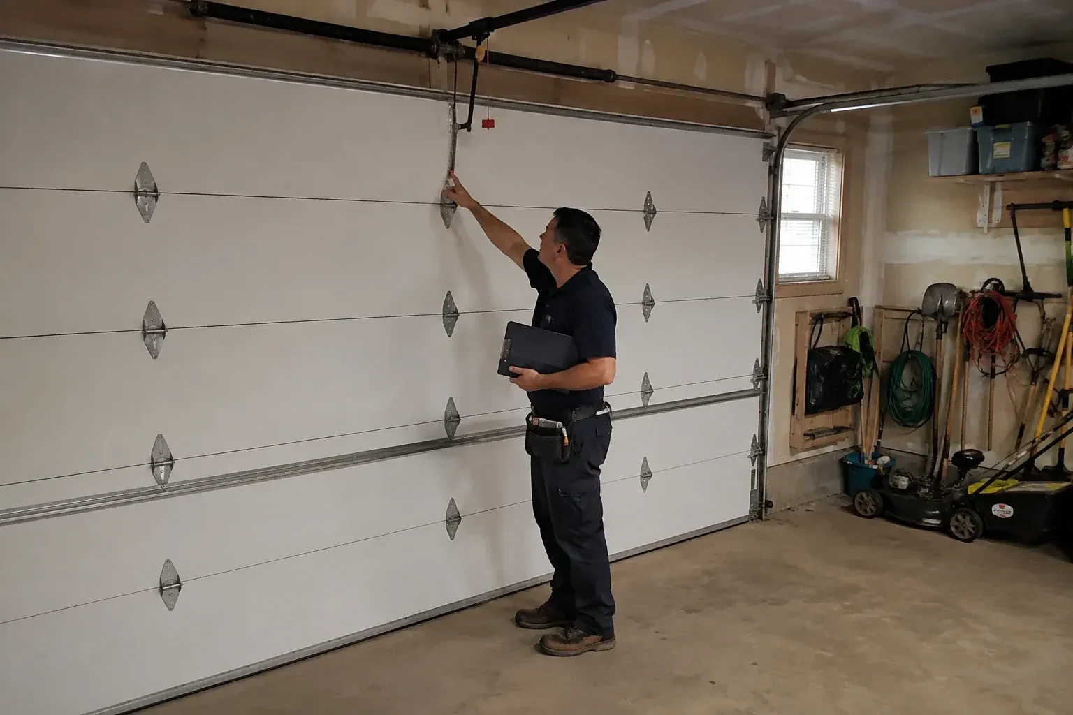 A person holding a clipboard examines the interior hardware of a closed garage door. — Garage Door Tune-Up, New Tecumseth
