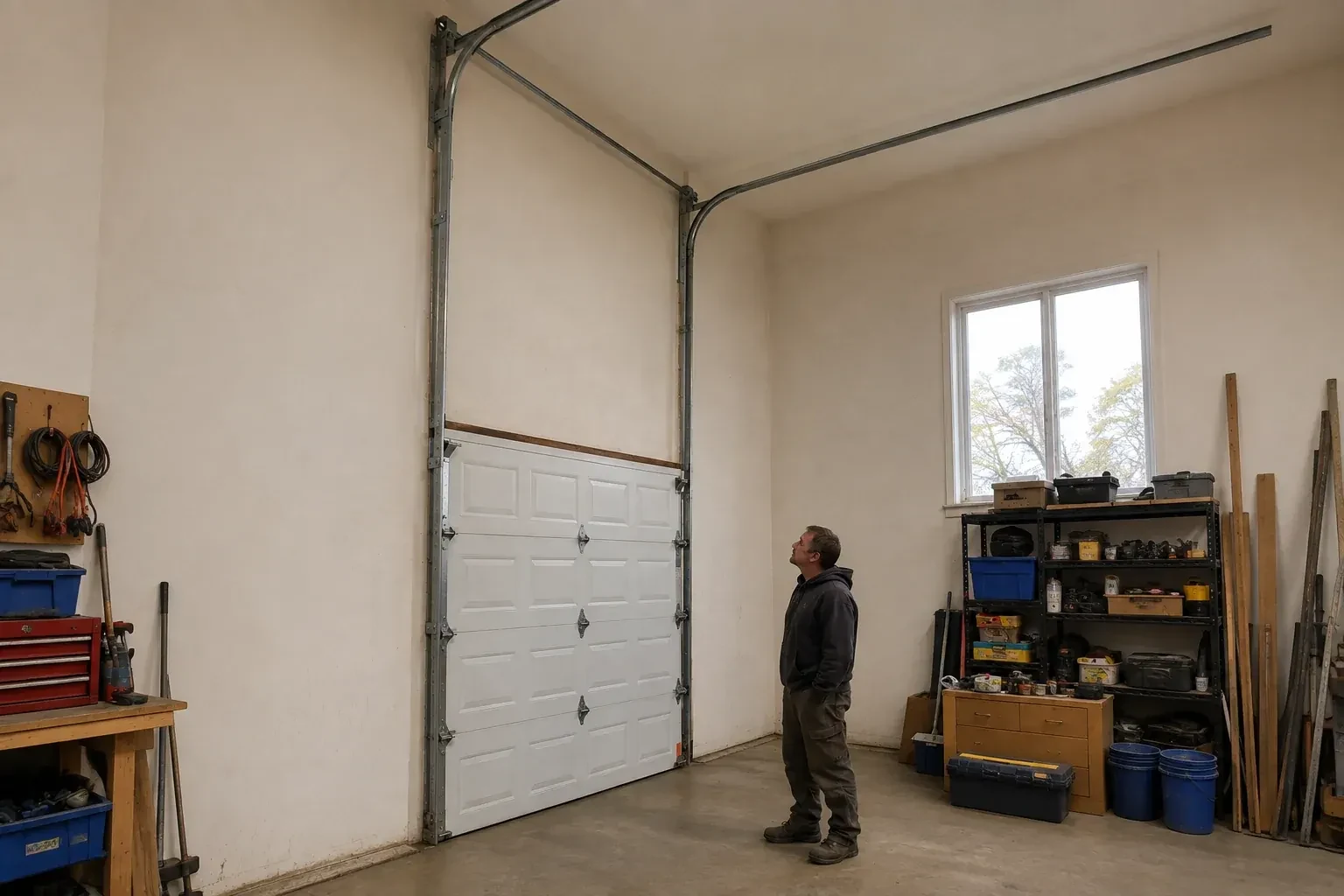 Vertical tracks extend above a closed garage door before curving near a high ceiling, while a person looks upward. — High-Lift Garage Door Conversion, New Tecumseth