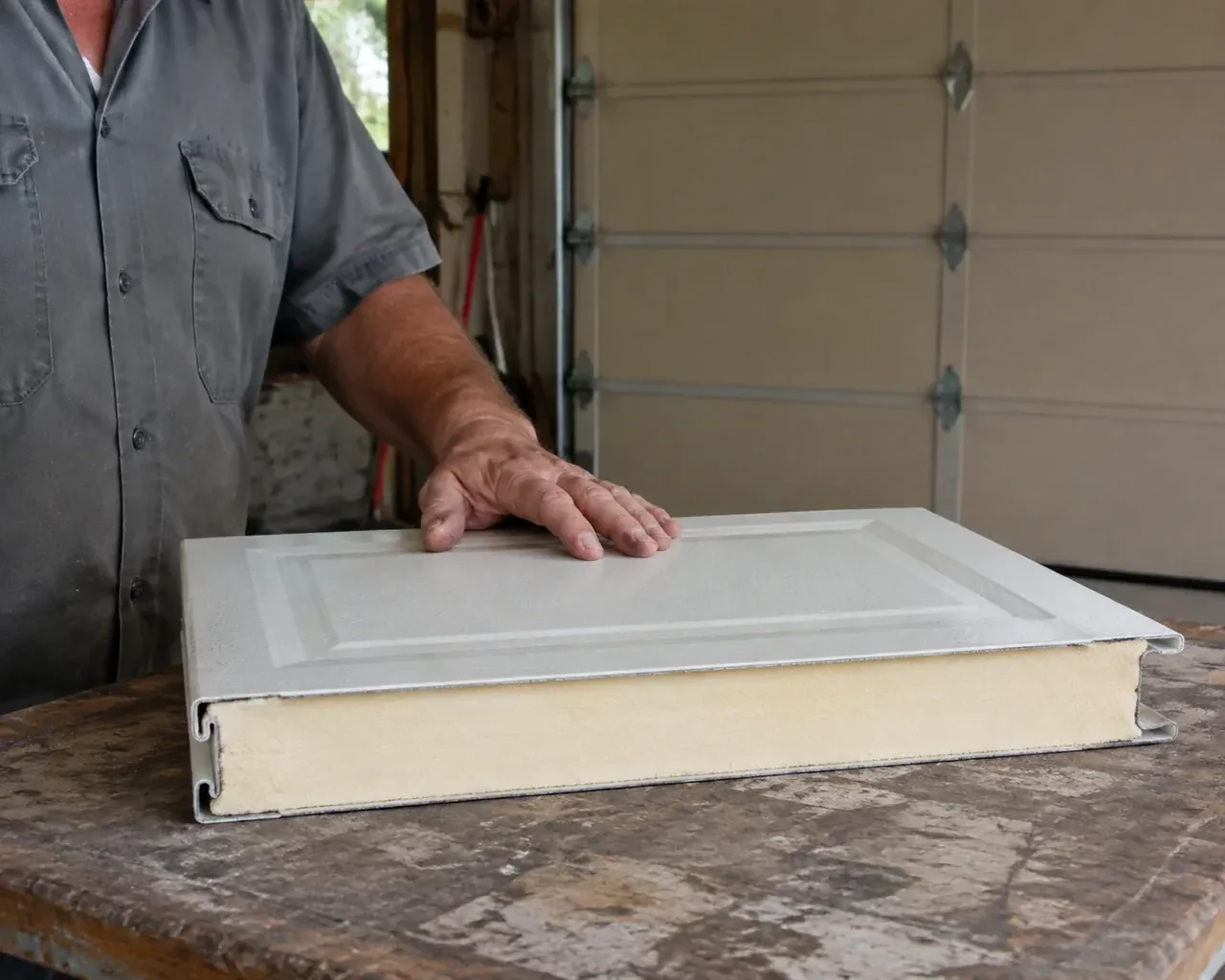A panel sample exposes a cream foam core between thin metal faces on a garage workbench. — Insulated Steel Garage Door Installation, New Tecumseth