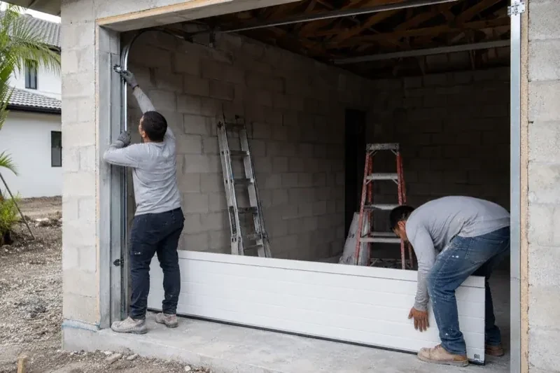Two people positioning a white garage-door panel and side track in an unfinished masonry garage. — New-Construction Garage Door Installation, New Tecumseth