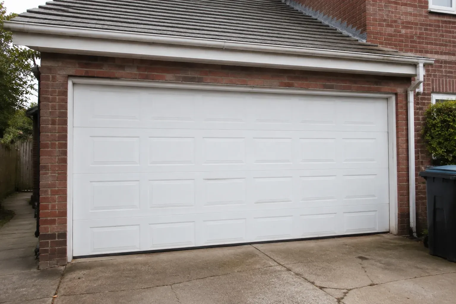 Closed white sectional garage door at an ordinary brick house. — Sectional Garage Door Replacement, New Tecumseth