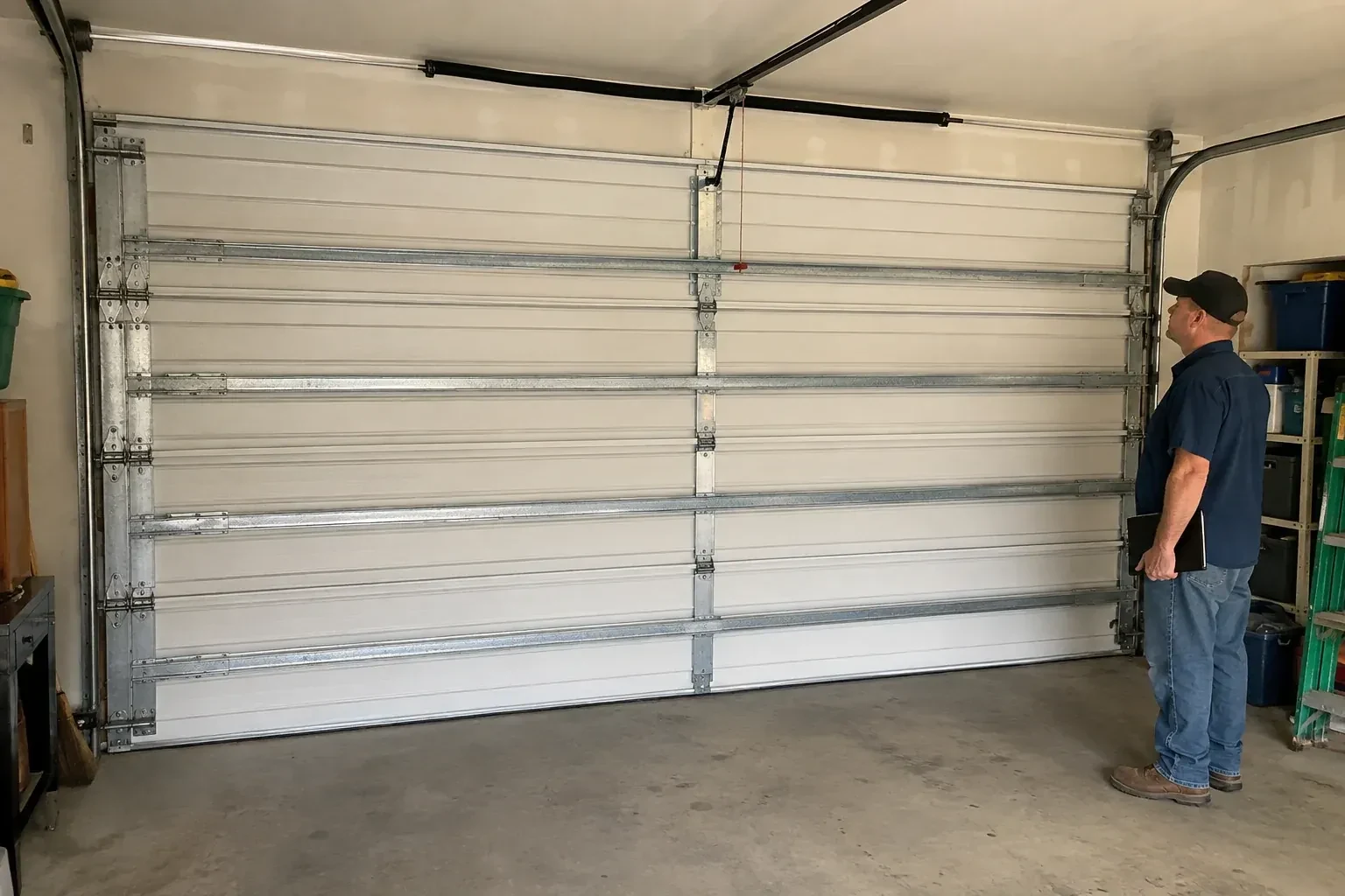 A person examines horizontal metal reinforcement members across the interior of a closed garage door. — Wind-Rated Garage Door Replacement, New Tecumseth